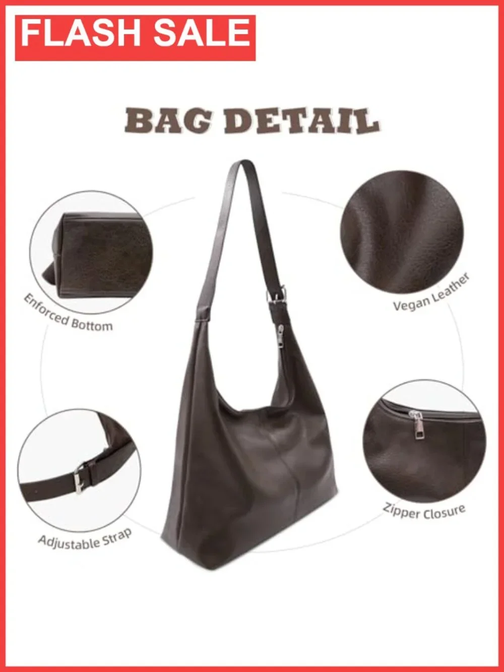 Large Hobo Bag Vegan Leather Slouchy Shoulder Tote with Zipper